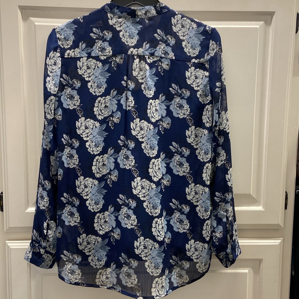 Navy blue floral print semi-sheer blouse by KUT in size S. Gently cared for. - Picture 2 of 7
